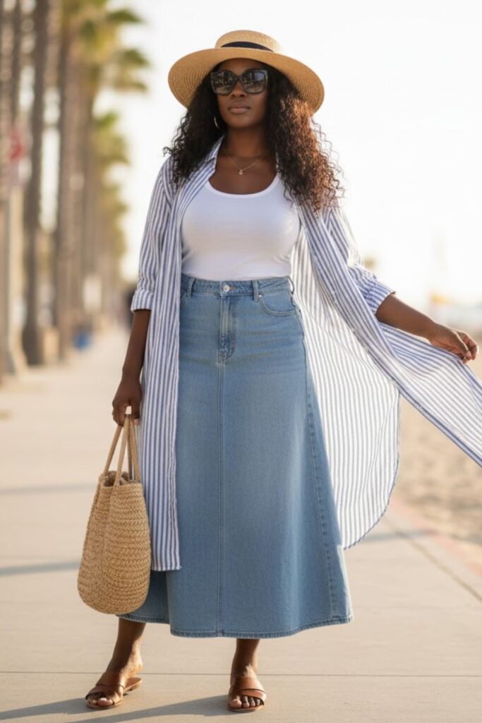 14. Denim Skirt with Tank Top and Button-Down Shirt