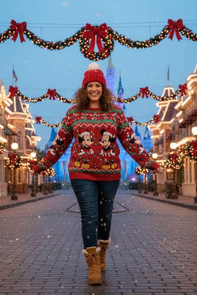 14. Disney Holiday Sweater with Jeans