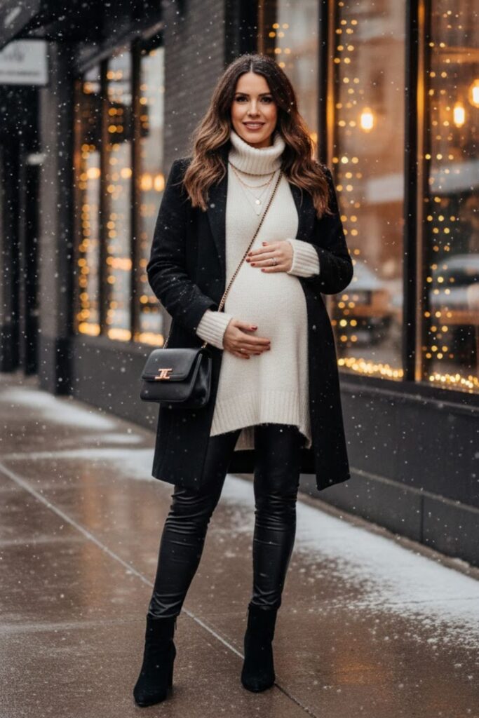 14. Faux Leather Leggings with Tunic Sweater