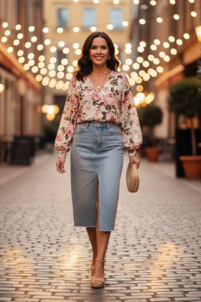14. Floral Blouse and Wedge Sandals