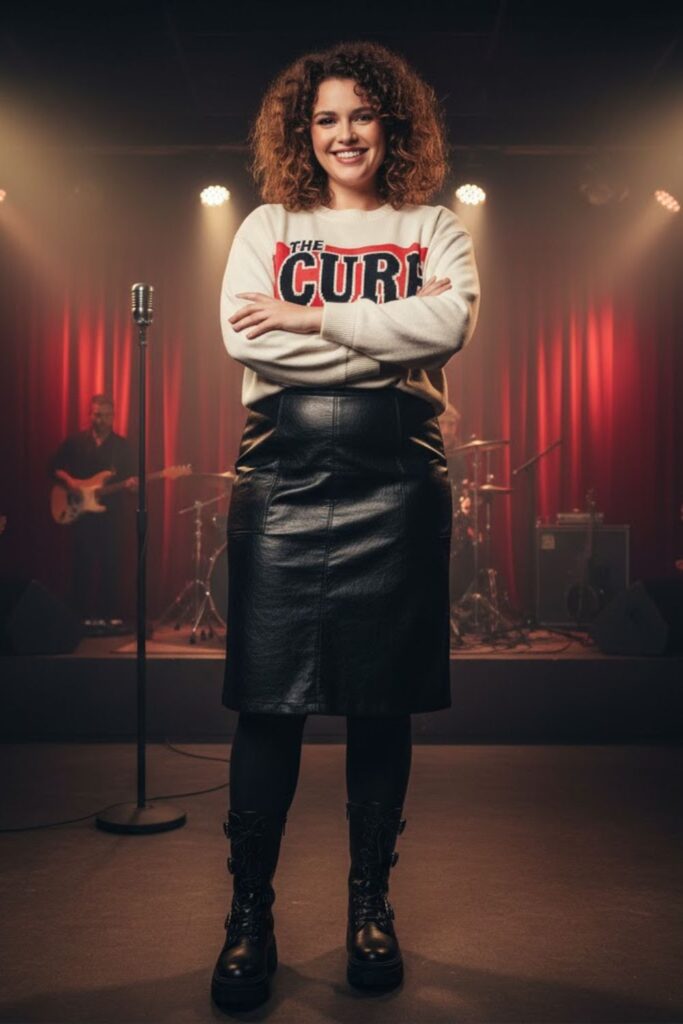 14. Graphic Knit Sweater + Leather Skirt + Tights