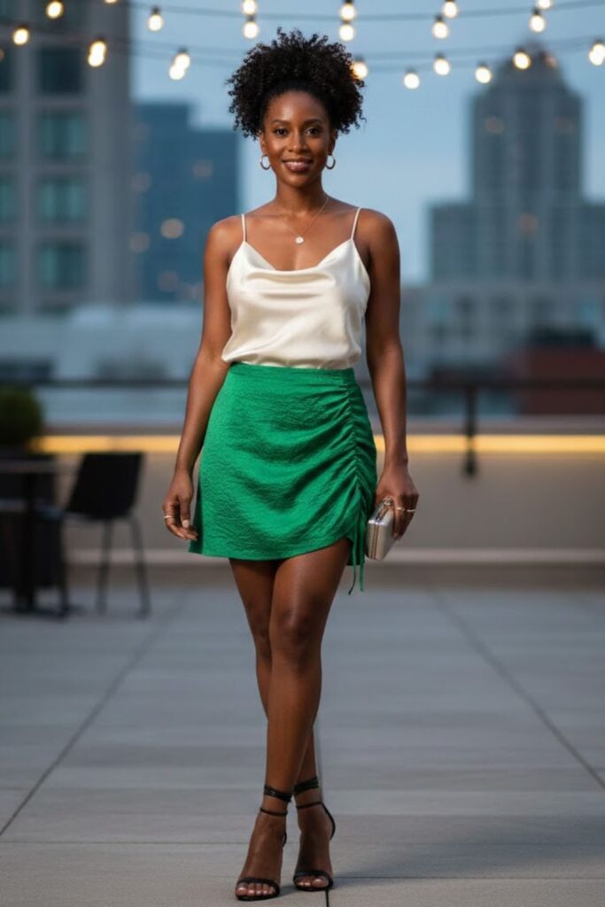 14. Green Mini Skirt with Satin Cami