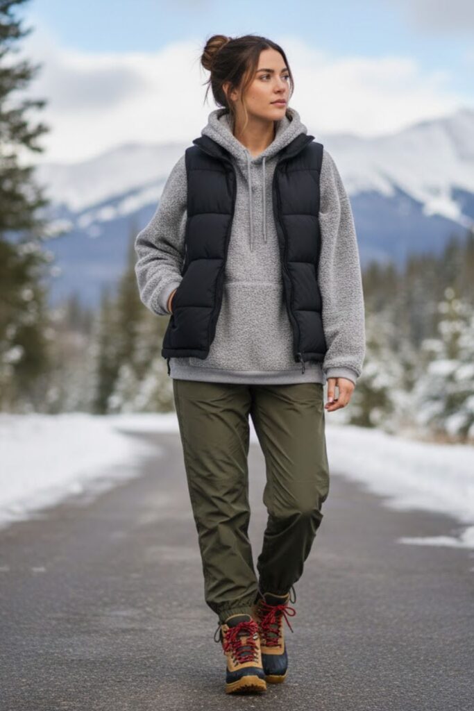 14. Green Parachute Pants with a Hoodie and Puffer Vest