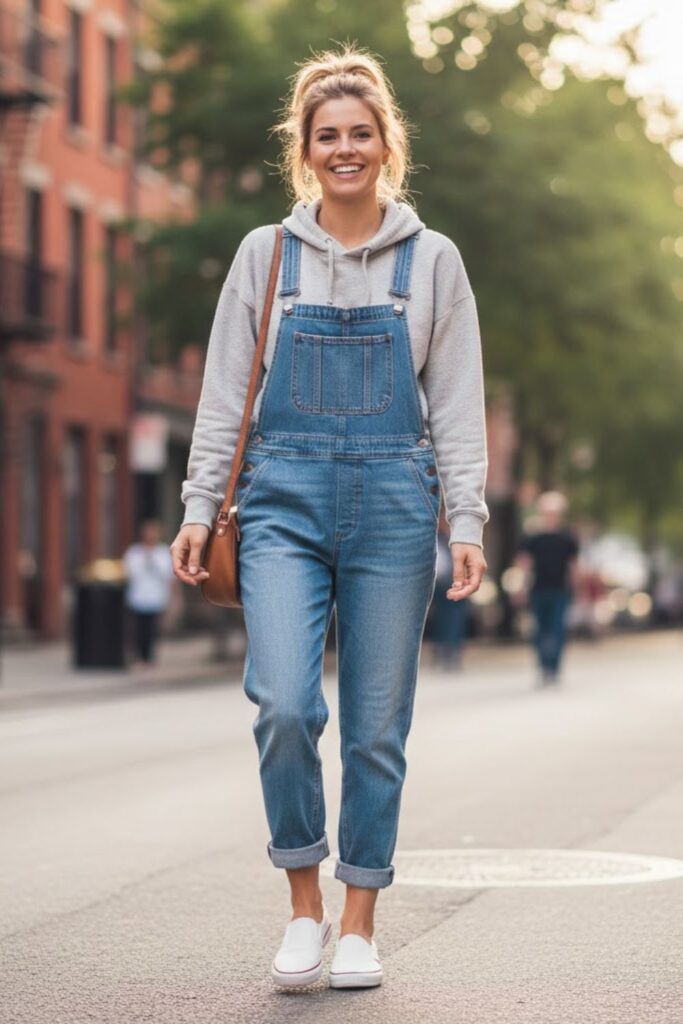 14. Grey Hoodie with Overalls and Sneakers