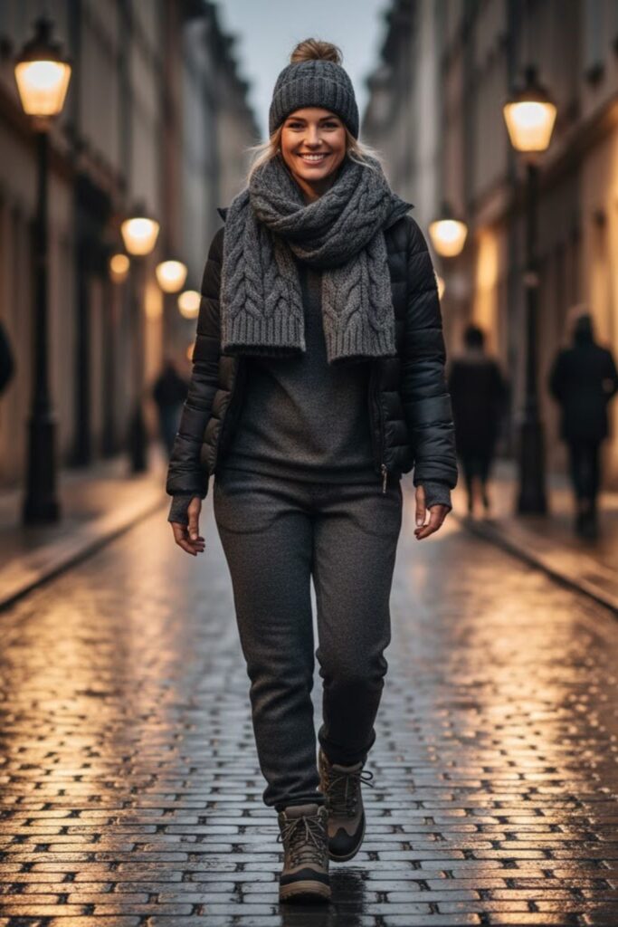 14. Joggers with Quilted Jacket and Knit Hat