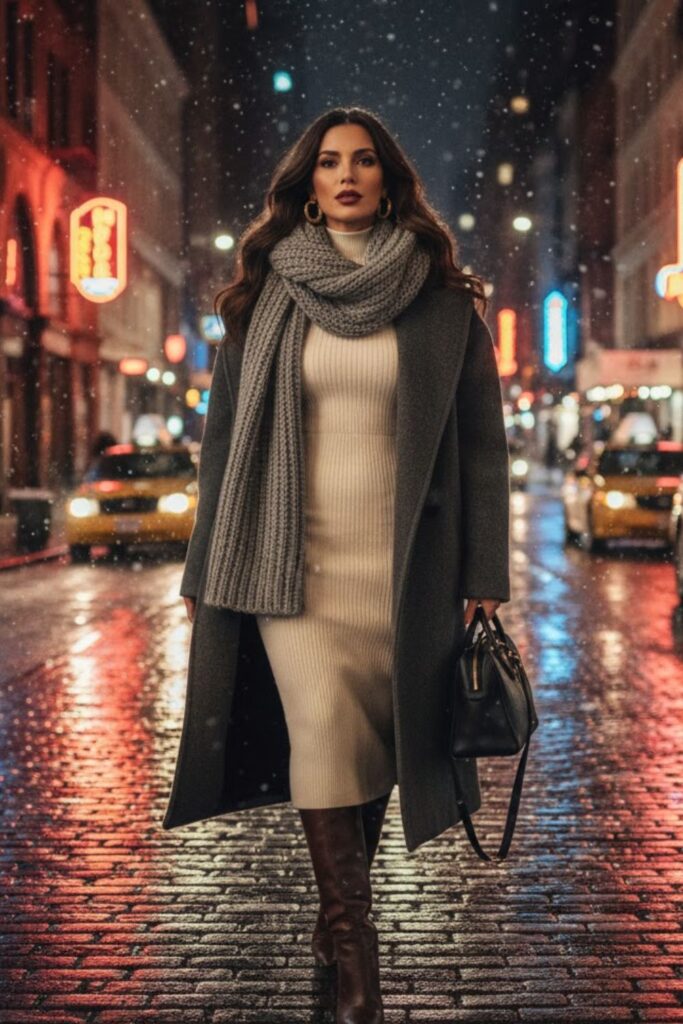 14. Knit Dress with Oversized Coat