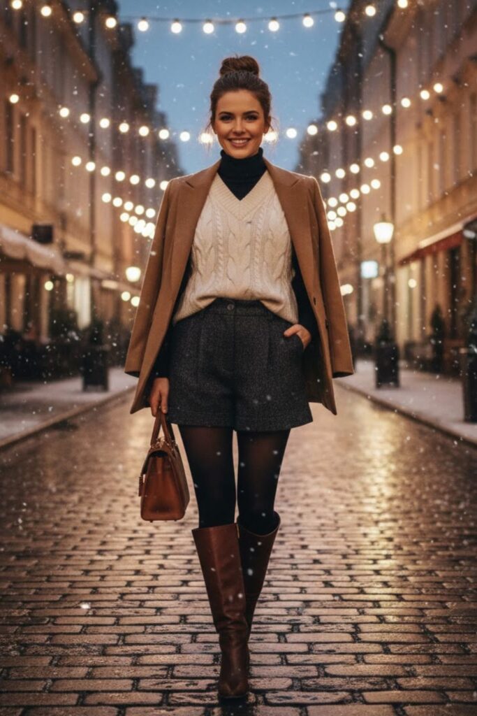 14. Knitted Sweater Vest with Wool Shorts and Tights