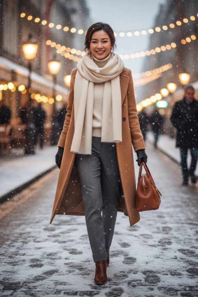 14. Layered Coat and Wool Scarf Ensemble