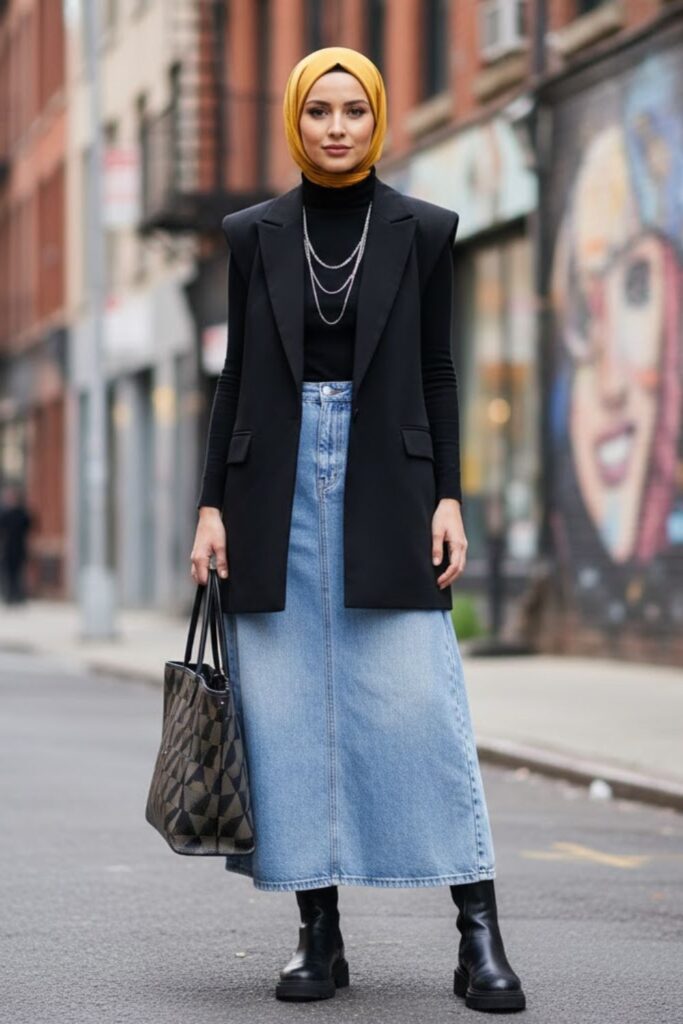 14. Layered Look with Denim Skirt and Vest