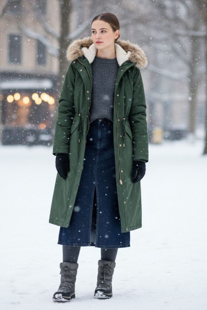 14. Long Denim Skirt with Parka Coat
