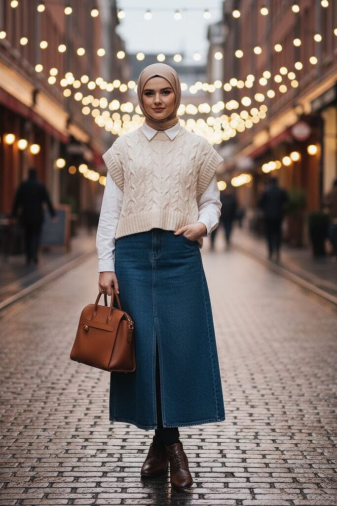 14. Long Denim Skirt with a Sweater Vest and White Shirt