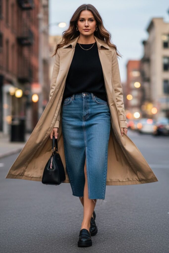 14. Midi Denim Skirt with a Long Trench Coat