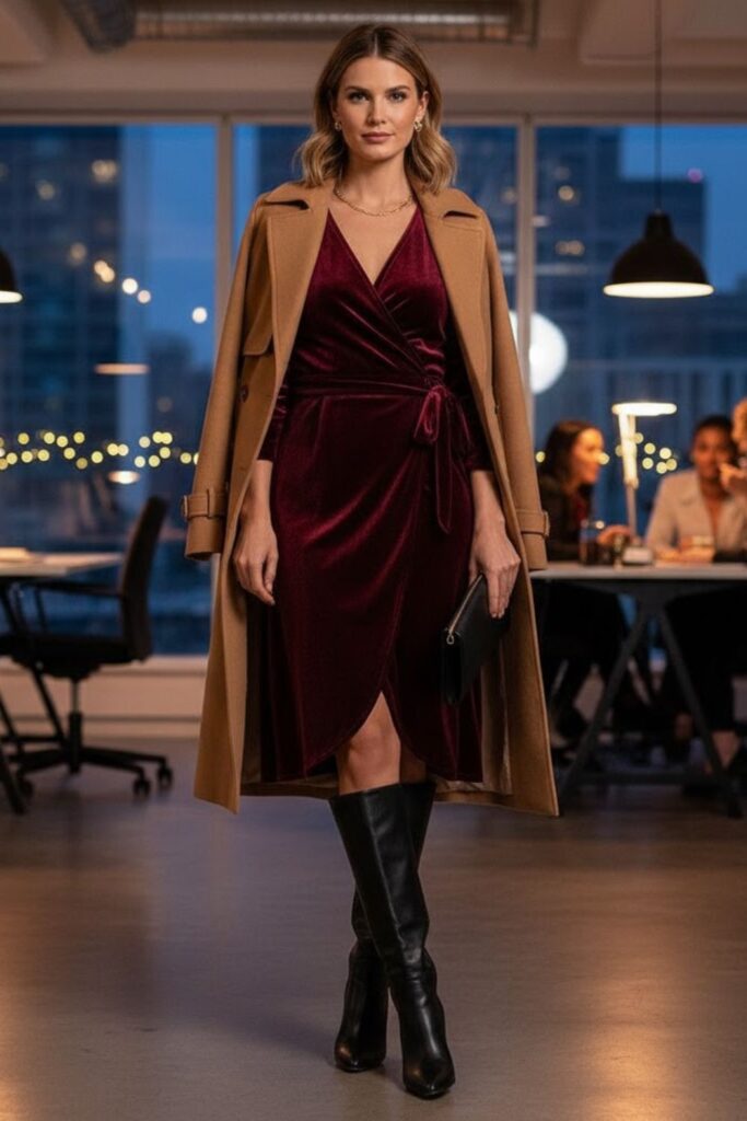14. Midi Wrap Dress with Boots