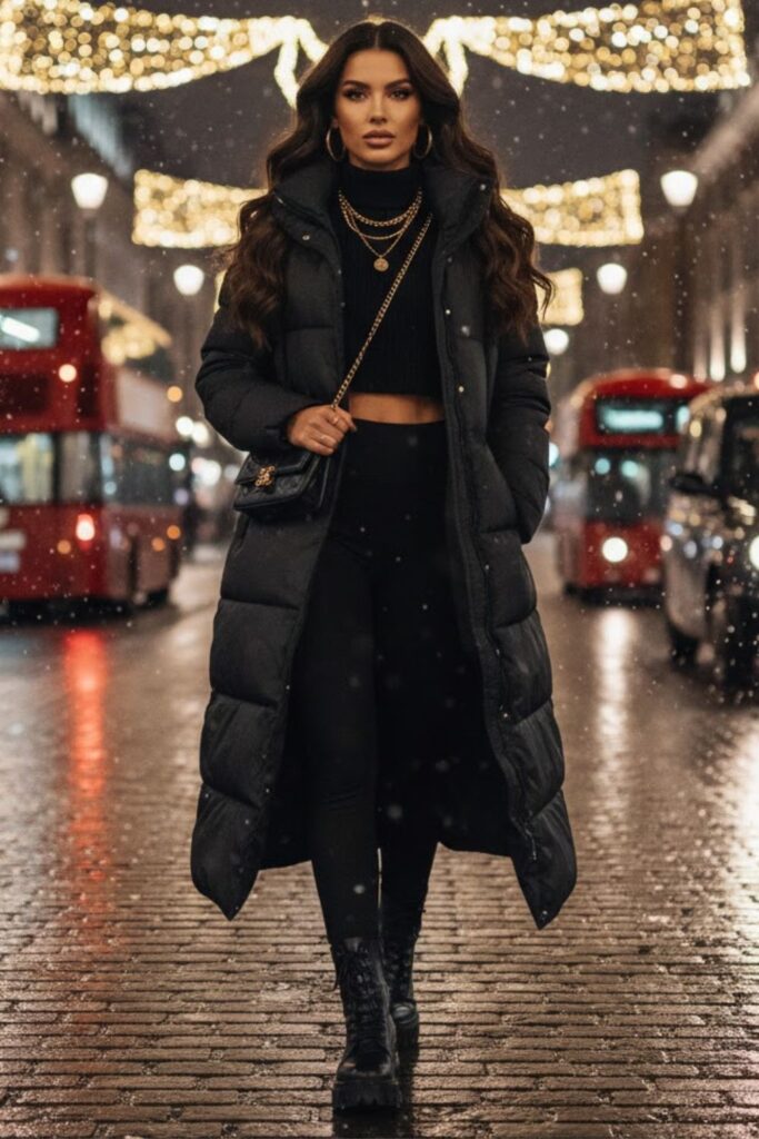 14. Monochrome Puffer Coat with Leggings