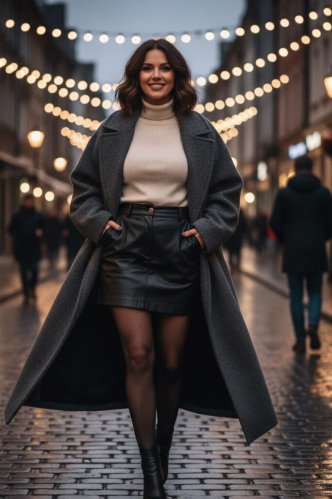 14. Oversized Coat with Leather Skirt
