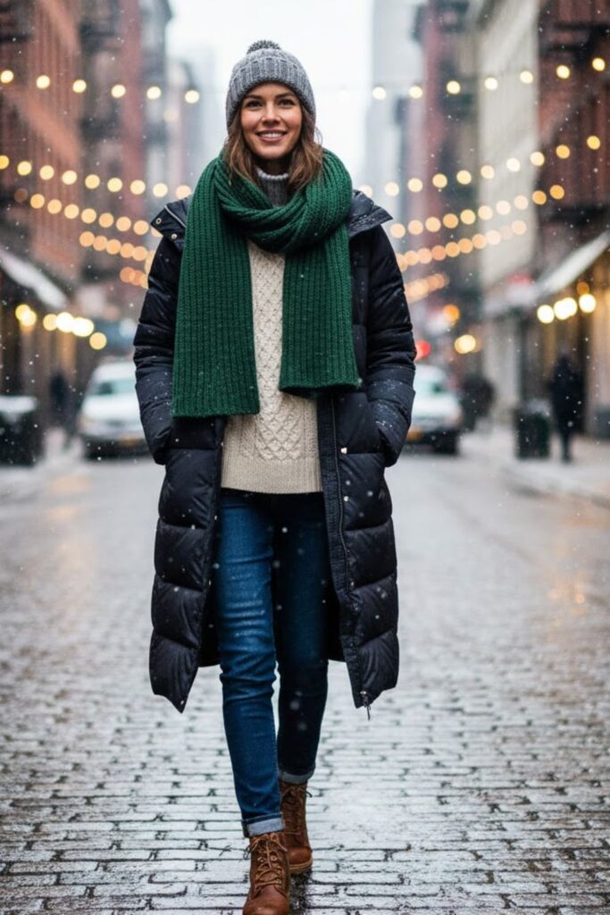 14. Parka with Knit Hat and Layered Sweater