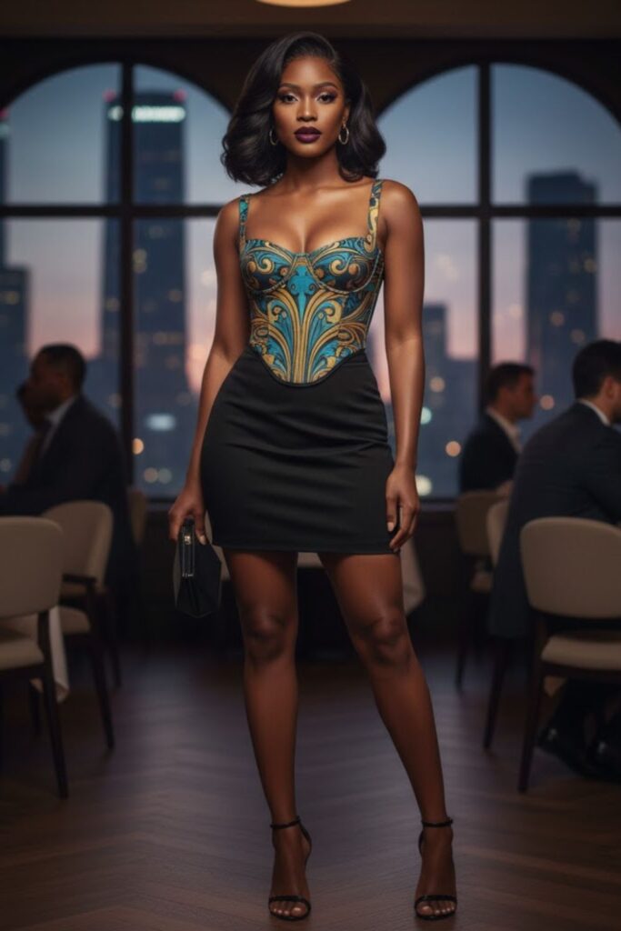 14. Printed Corset with Black Mini Skirt