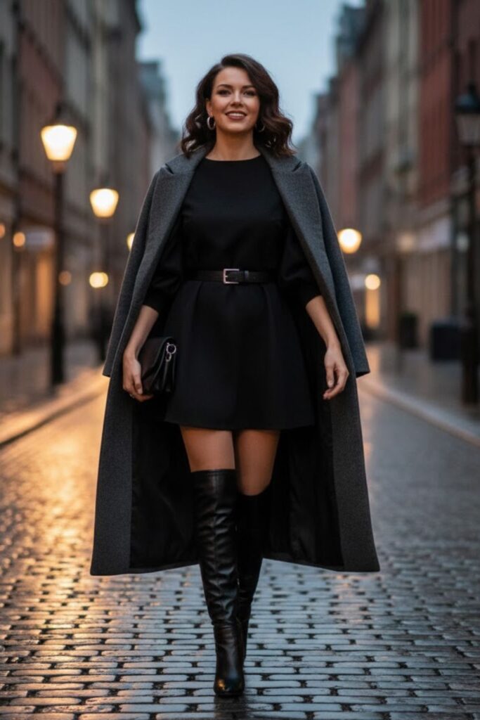 14. Puff-Sleeve Black Dress with Long Boots