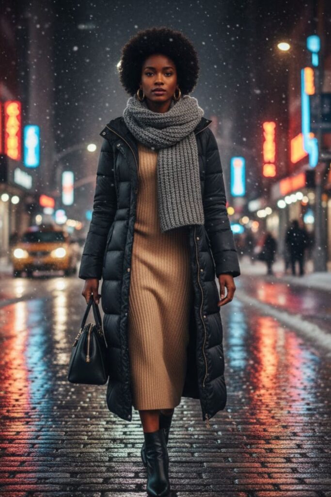 14. Puffer Coat with Knit Dress