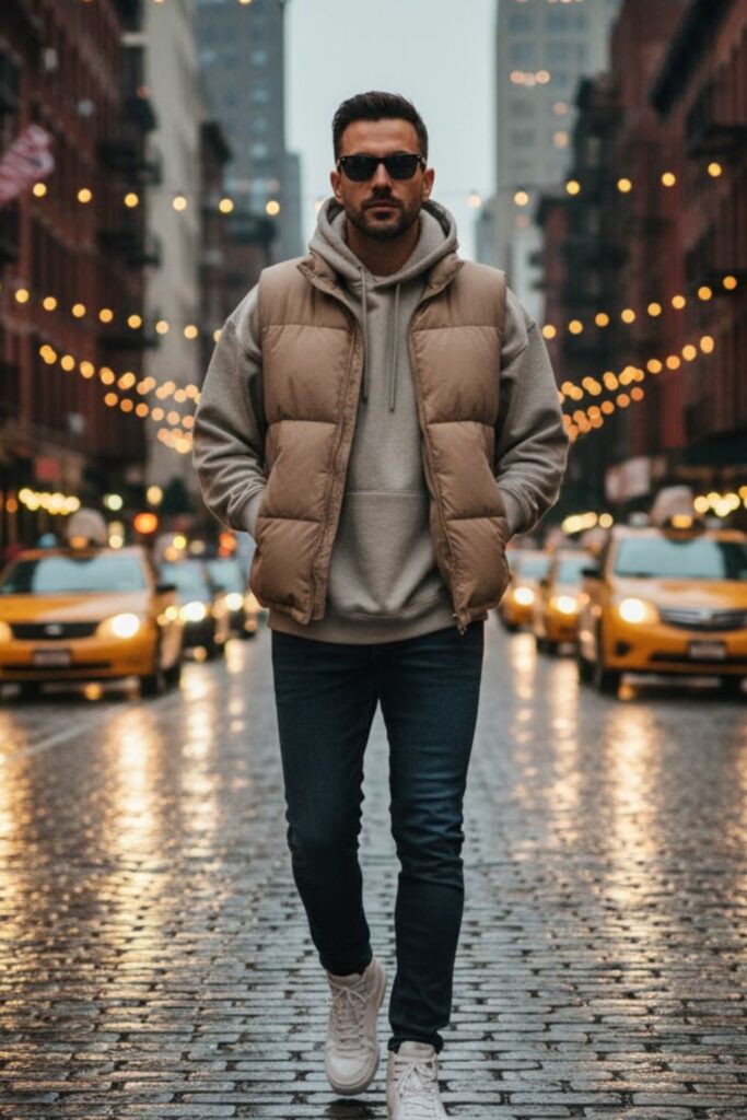 14. Puffer Vest with Hoodie and Jeans