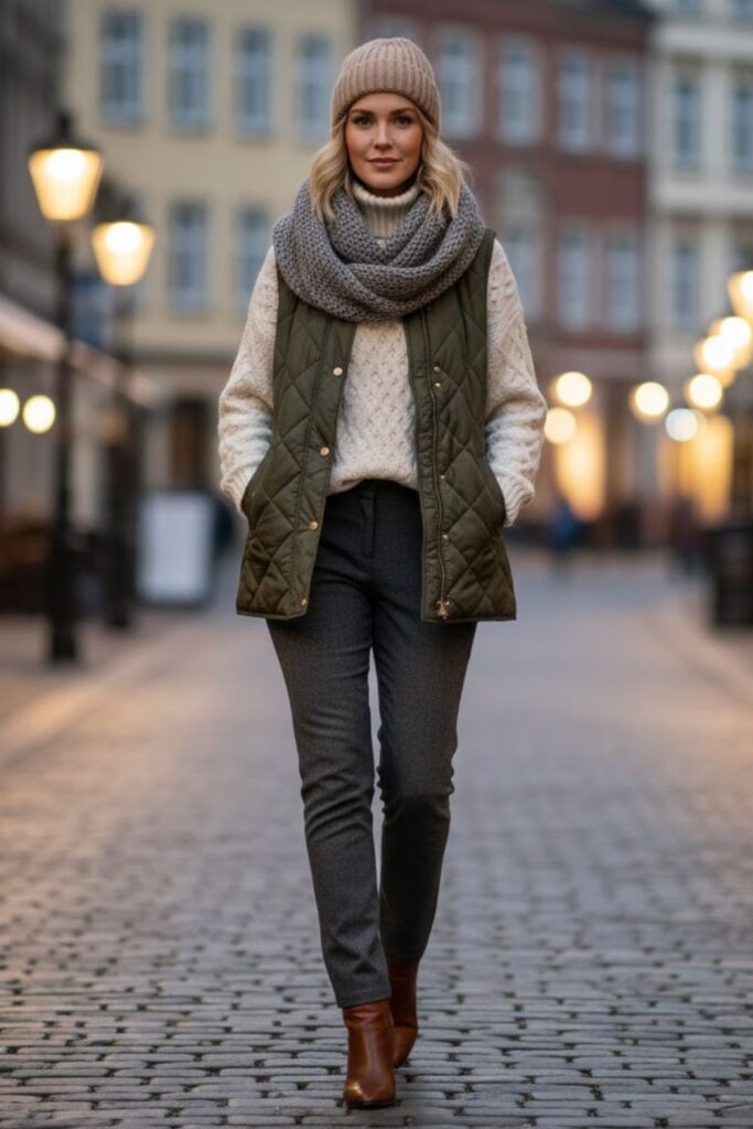 14. Quilted Waistcoat with Sweater and Boots