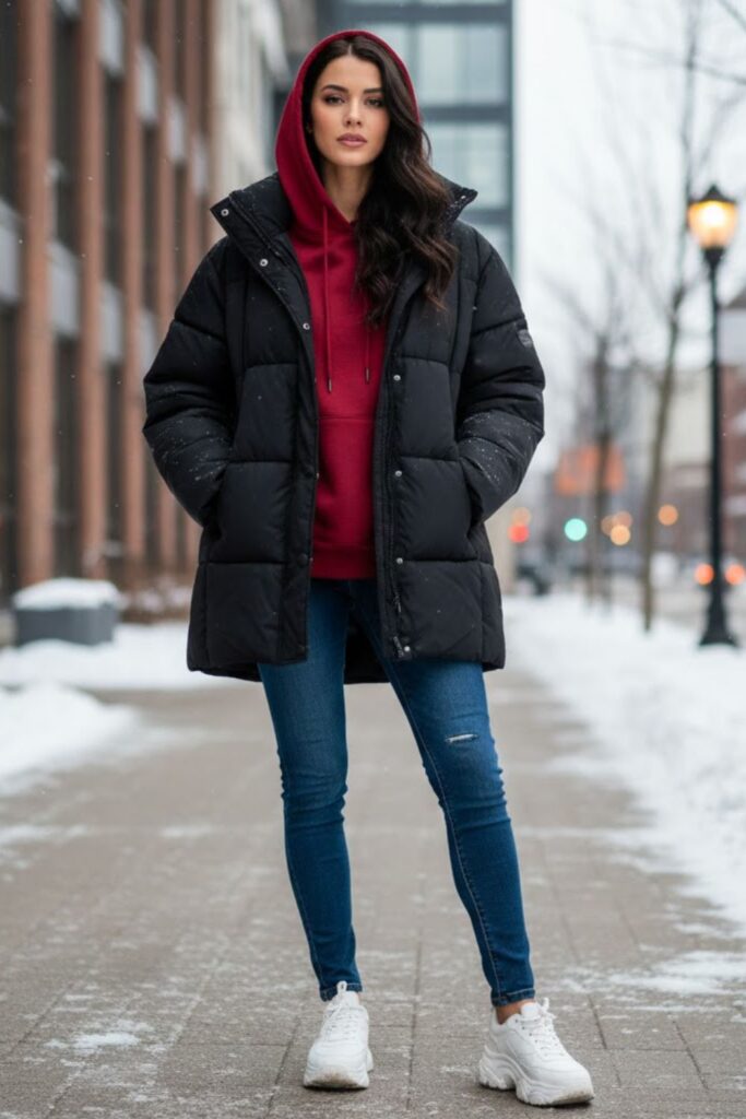 14. Red Hoodie with Puffer Jacket and Jeans
