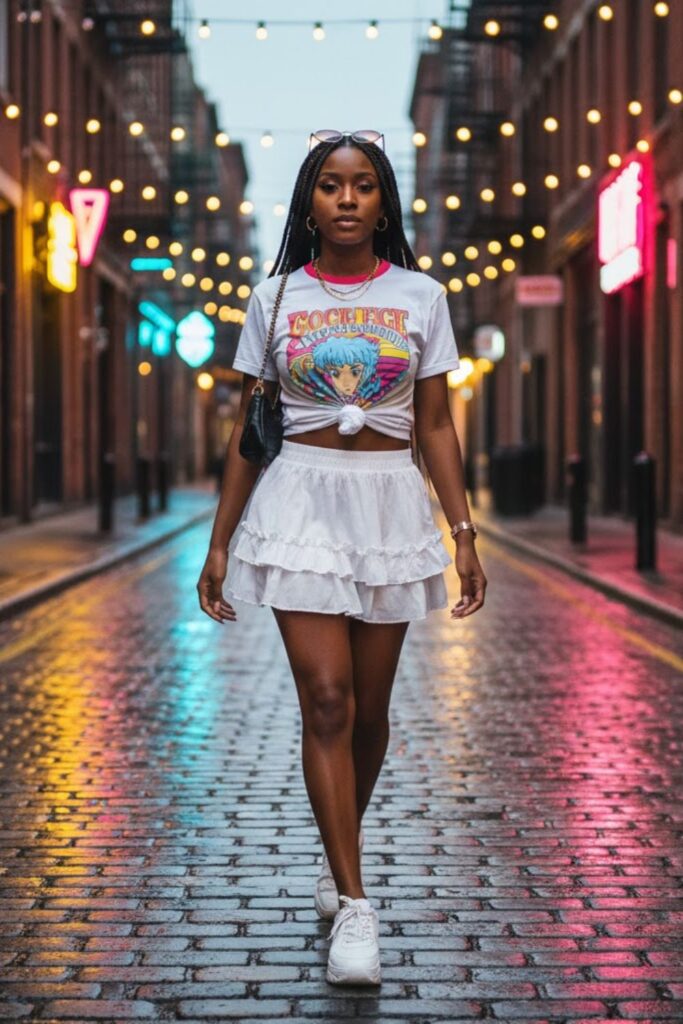 14. Ruffled Mini Skirt with Cropped Graphic Tee