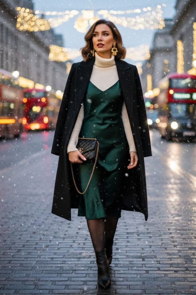 14. Satin Slip Dress Layered Over Turtleneck