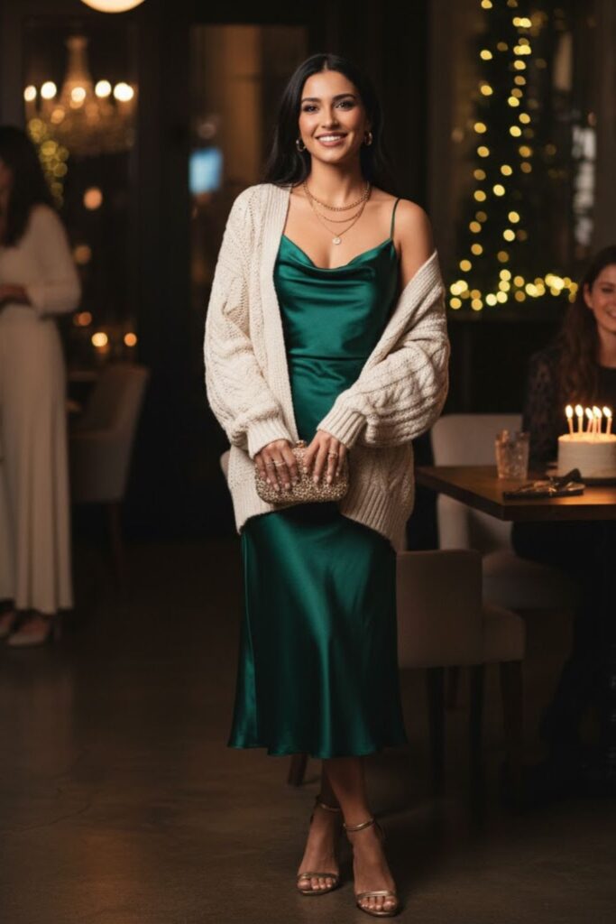 14. Satin Slip Dress with Layered Cardigan
