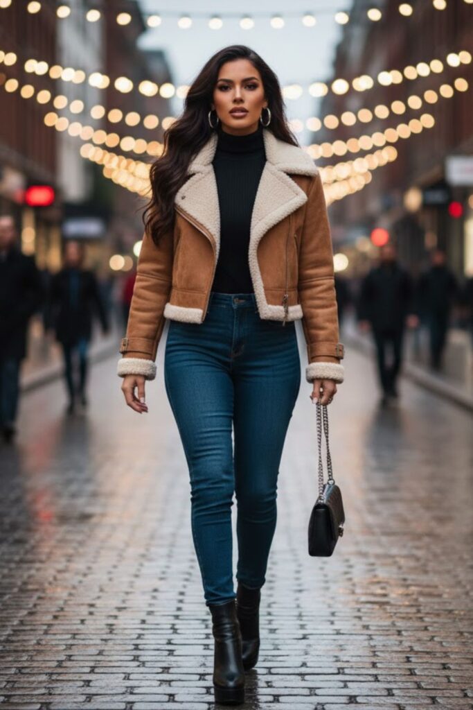 14. Shearling Jacket with Skinny Jeans