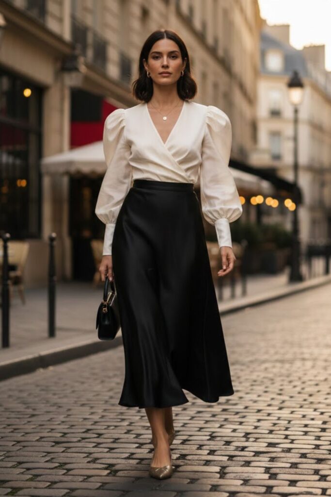 14. Silk Skirt with a Structured Blouse
