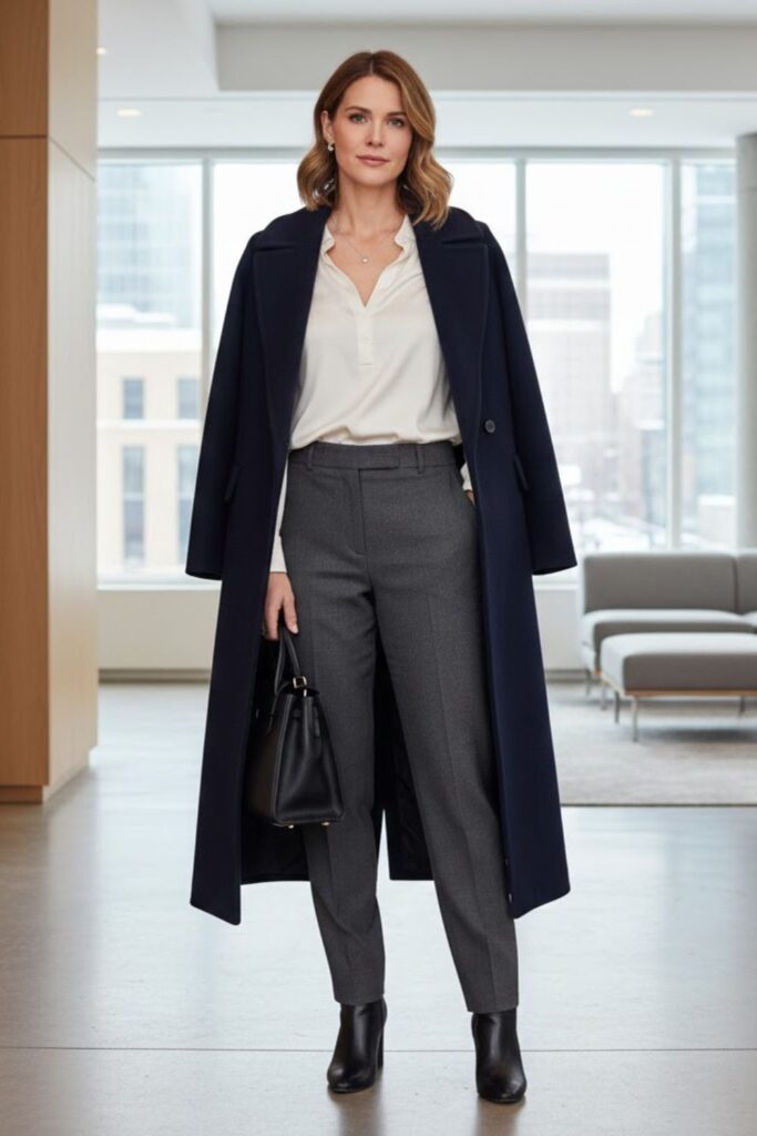 14. Structured Coat over Dress Pants and Blouse