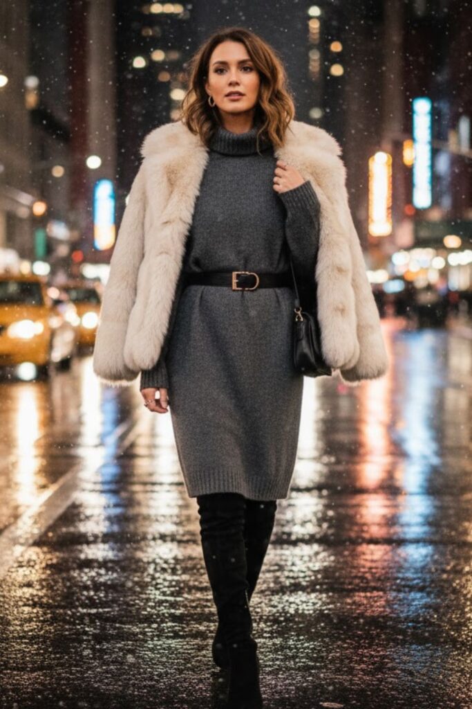 14. Sweater Dress with Belt and Thigh-High Boots