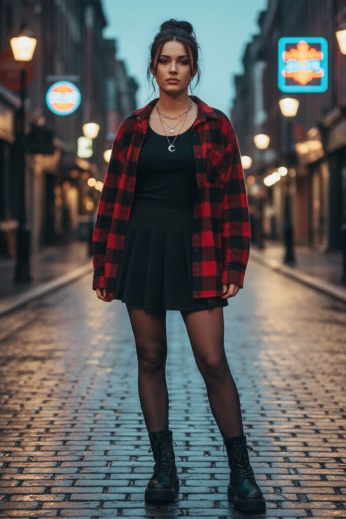 14. The Flannel and Mini Skirt Look