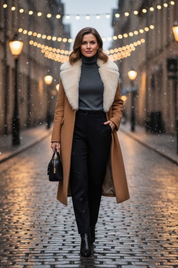 14. Turtleneck with Faux Fur Collar Coat and Wool Pants