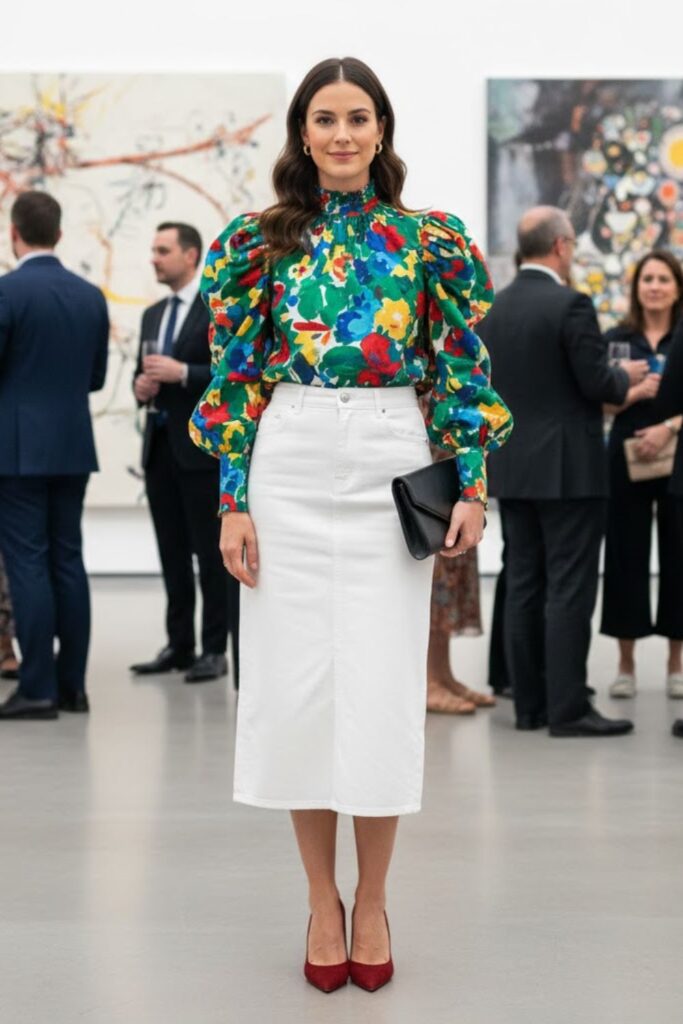 14. White Denim Midi Skirt with a Statement Blouse
