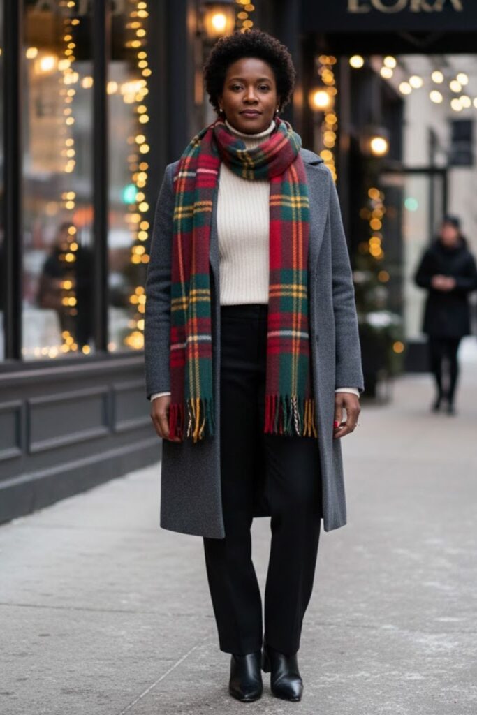 14. Wool Coat with Statement Scarf and Straight-Leg Pants