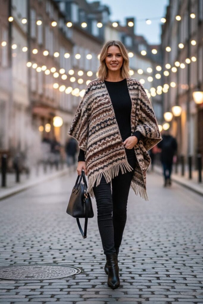 14. Wool Poncho with Skinny Jeans