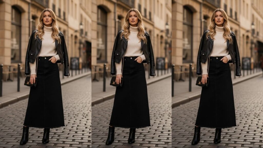 15 Black Denim Maxi Skirt Outfits