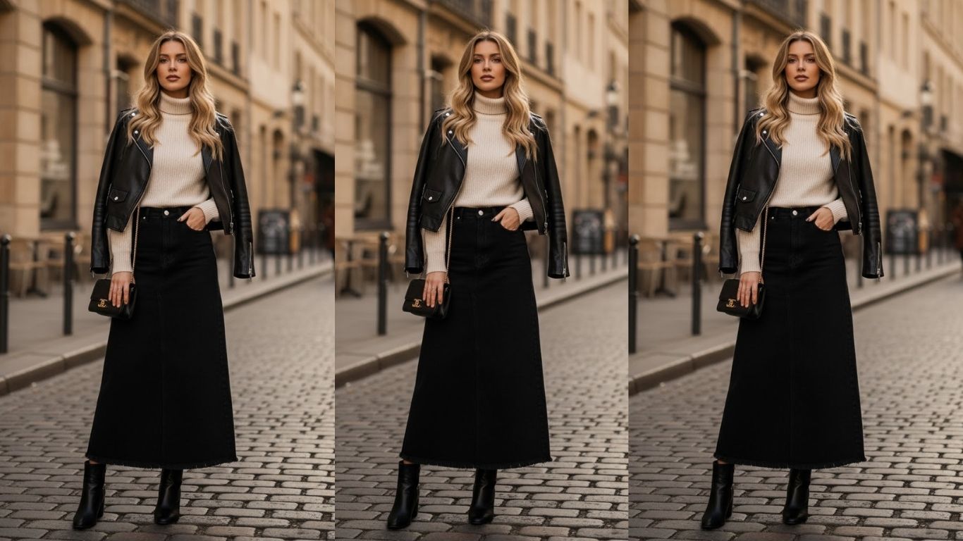 15 Black Denim Maxi Skirt Outfits: Chic & Effortlessly Stylish Looks