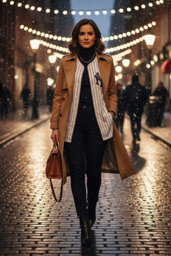 15. Baseball Jersey with Trench Coat and Boots