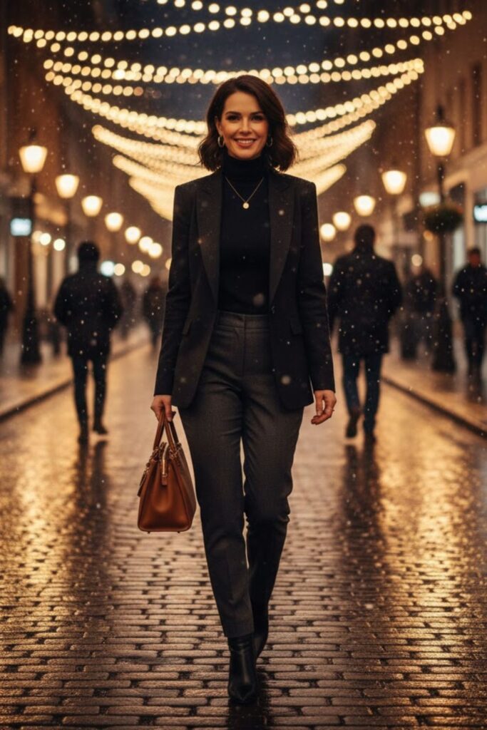 15. Black Blazer Jacket with Turtleneck and Jeans