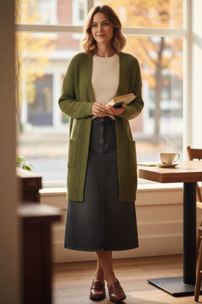 15. Black Denim Midi Skirt with a Knit Cardigan