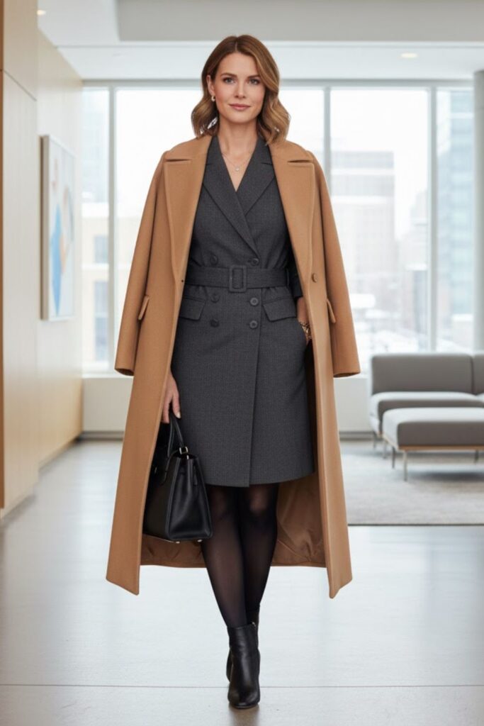 15. Blazer Dress with Tights and Boots