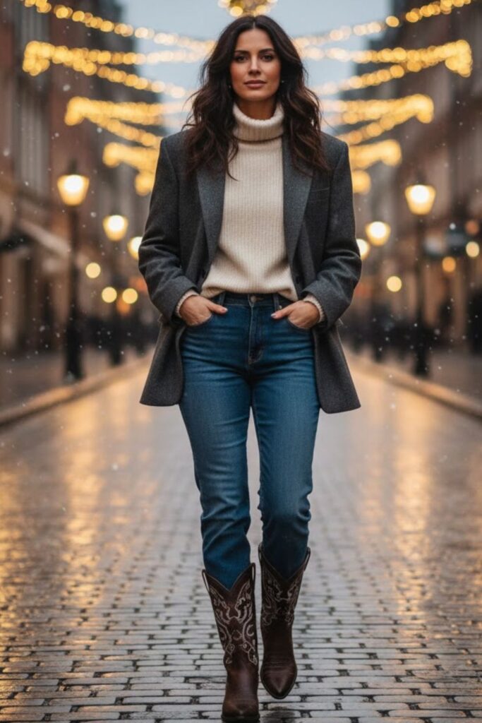 15. Blazer and Straight-Leg Jeans