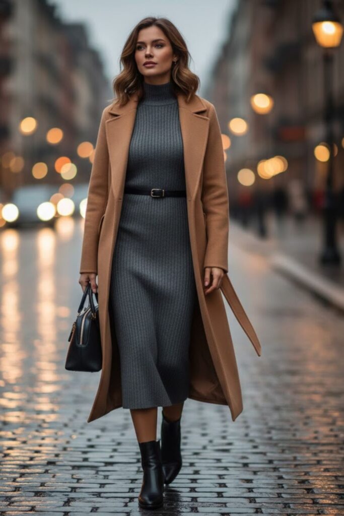 15. Chelsea Boots with Knit Dress and Belted Coat