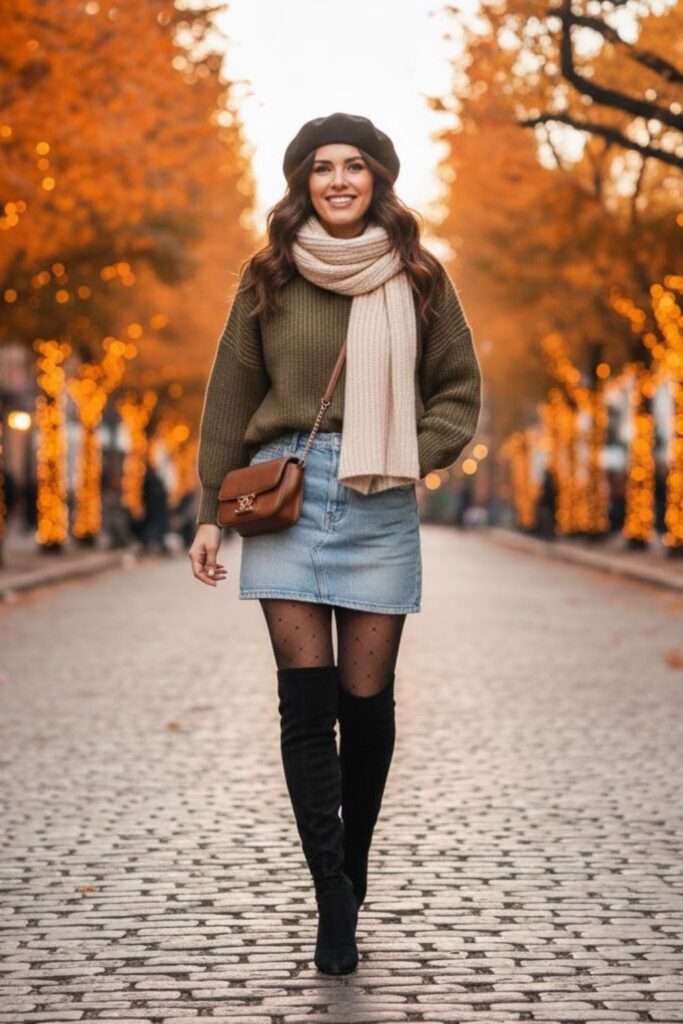 15. Denim Micro Mini Skirt with Sheer Tights and Boots