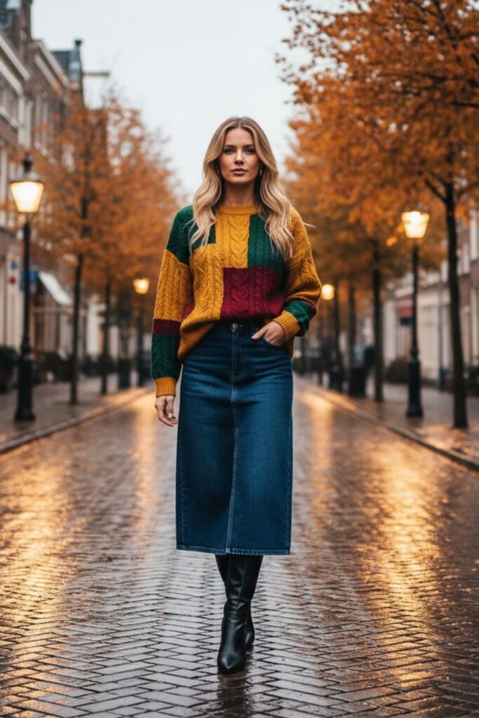 15. Denim Midi Skirt with a Statement Sweater