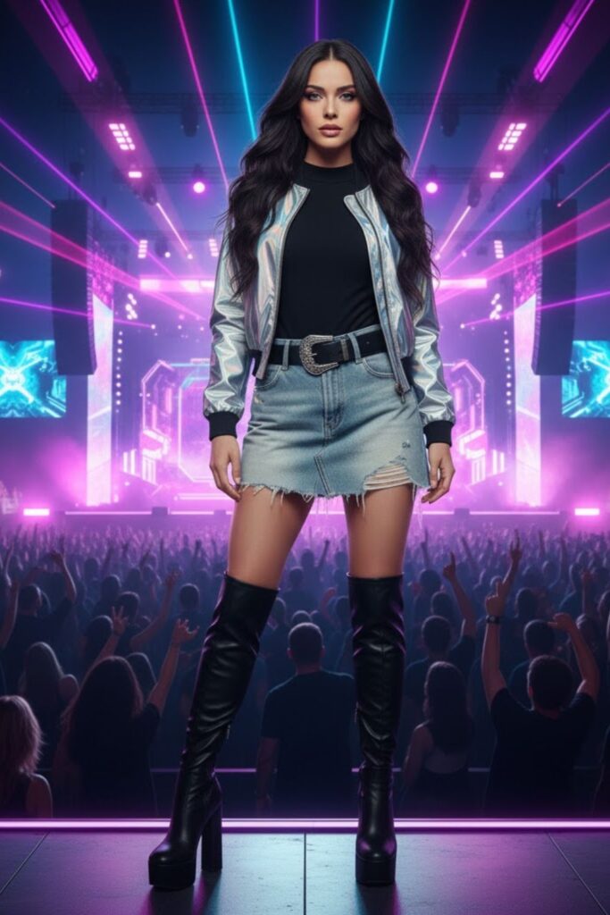 15. Denim Mini Skirt with Metallic Jacket and Bodysuit