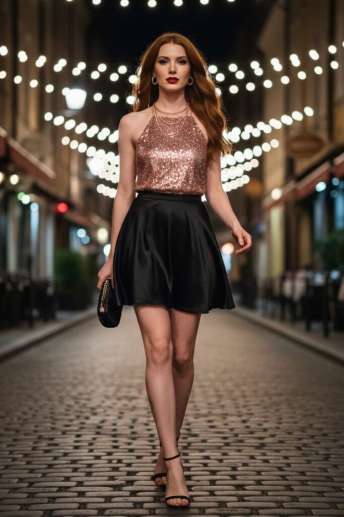 15. Glam Night-Out Look with Silk Mini Skirt
